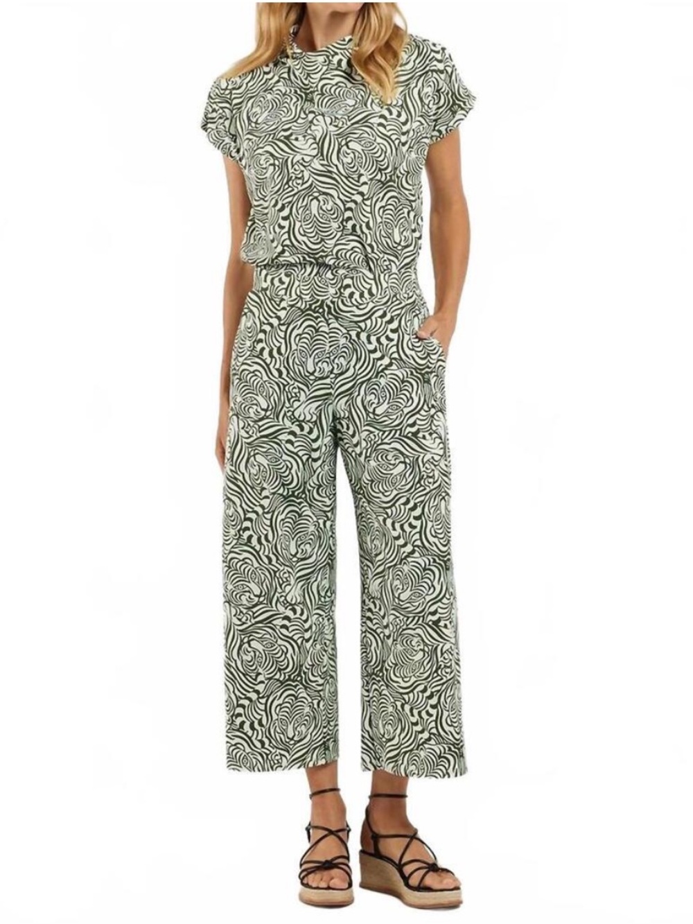 Jude Connally Cropped Pants & Short Sleeve Set Hidden Tiger Cream Green XS